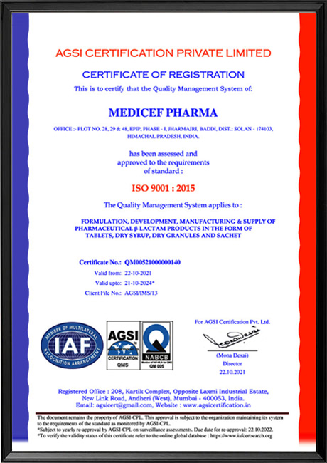 Medicef Pharma ISO Certificate New